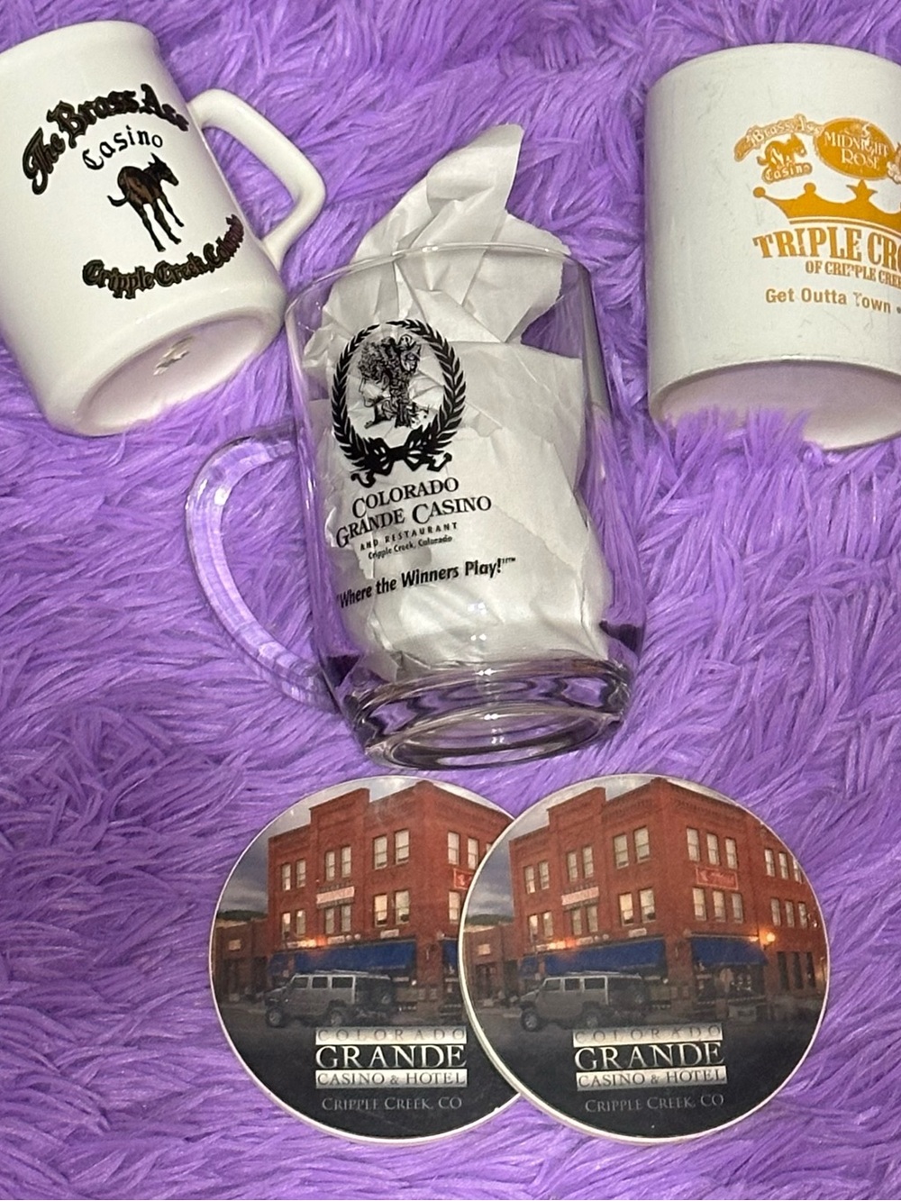 Cripple Creek Memorabilia Colorado Grande Casino Glass Mug with Coasters - Clear